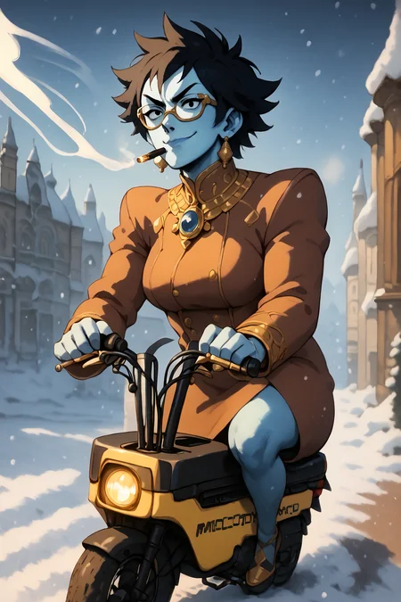 royal blue skin, black hair, spikey hair, angular gold glasses, fancy gold jewelry, smug, smoking, <lora:RD-MAnon-XLV1.1:1>, inf front of a café looking out over a artic snow field, ((motocompo)), solo, standing, behind <lora:motocompo_detailed:1.5> ground vehicle, riding motocompo, , source_anime, score_9_up, score_7_up, score_8_up