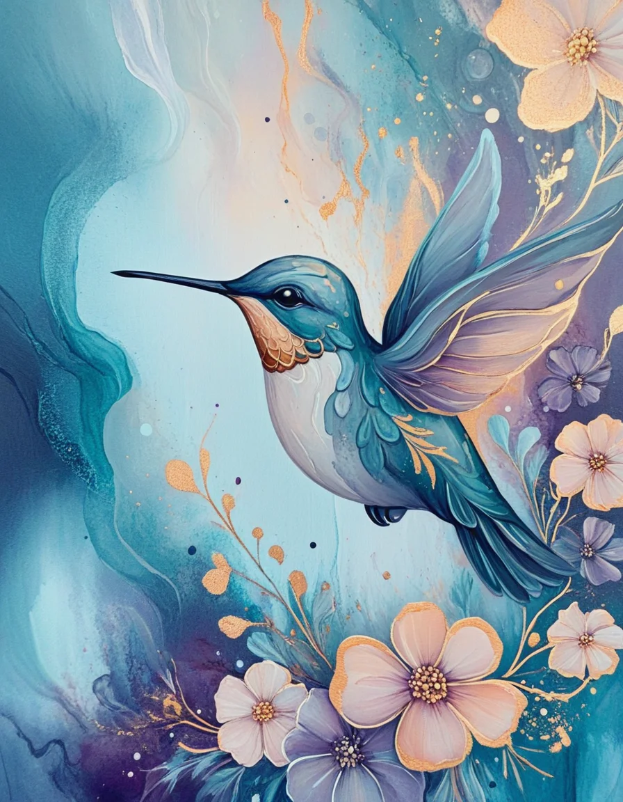 novuschroma86 style hummingbird and flowers <lora:novuschroma86 style_blue:1>
