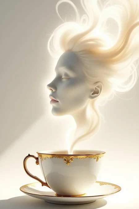 Beauty, realism, chiaroscuro, rays of light, play of shadow and light, cinematic style, Super HD, Pastel, chalk, crayon drawing, surreal and elegant image of a white coffee cup with gold accents, steam rising from it, forming a detailed and graceful silhouette of a woman's face. The woman's flowing hair smoothly transitions into the steam, with gold tones highlighting the strands. The background is a soft, light color that enhances the contrast and elegance of the cup and steam. The overall atmosphere is sophisticated, dreamy and artistic.