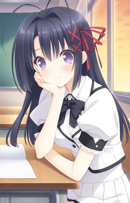 masterpiece, best quality, high quality, detailed, absurdres,newest, scenery, 1girl, solo, official style,best perspective,depth of field, very_aesthetic, best_quality ,high_resolusion, (8K:1.5),,crisp quality, ultra detailed,perfect anatomy,perfect lighting,anime screencap, perfect eyes,detailed eyes,<lora:Ookura_Risona_Illustrious_V2:1>,1girl, risona, uniform risona, very long hair, black hair, purple eyes, red hair ribbon, hair ornament, decorative ribbon, short sleeves, school uniform, white uniform,white dress, black trim, uniform jacket, collared shirt, bow, black bow, pleated skirt, frilled cuffs, decorative trim, buttons, bangs, hair between eyes, antenna hair, x hair ornament,
red x hair ornament
1girl,head rest,(affectionate gaze:1.3), (gentle smile:1.3), (soft expression:1.3), (warm eyes:1.2), (slightly flushed cheeks:1.3),sitting at desk, looking at viewer, classroom, sunset, indoors, window, (Beautiful, medium Breasts:1.2),from side,