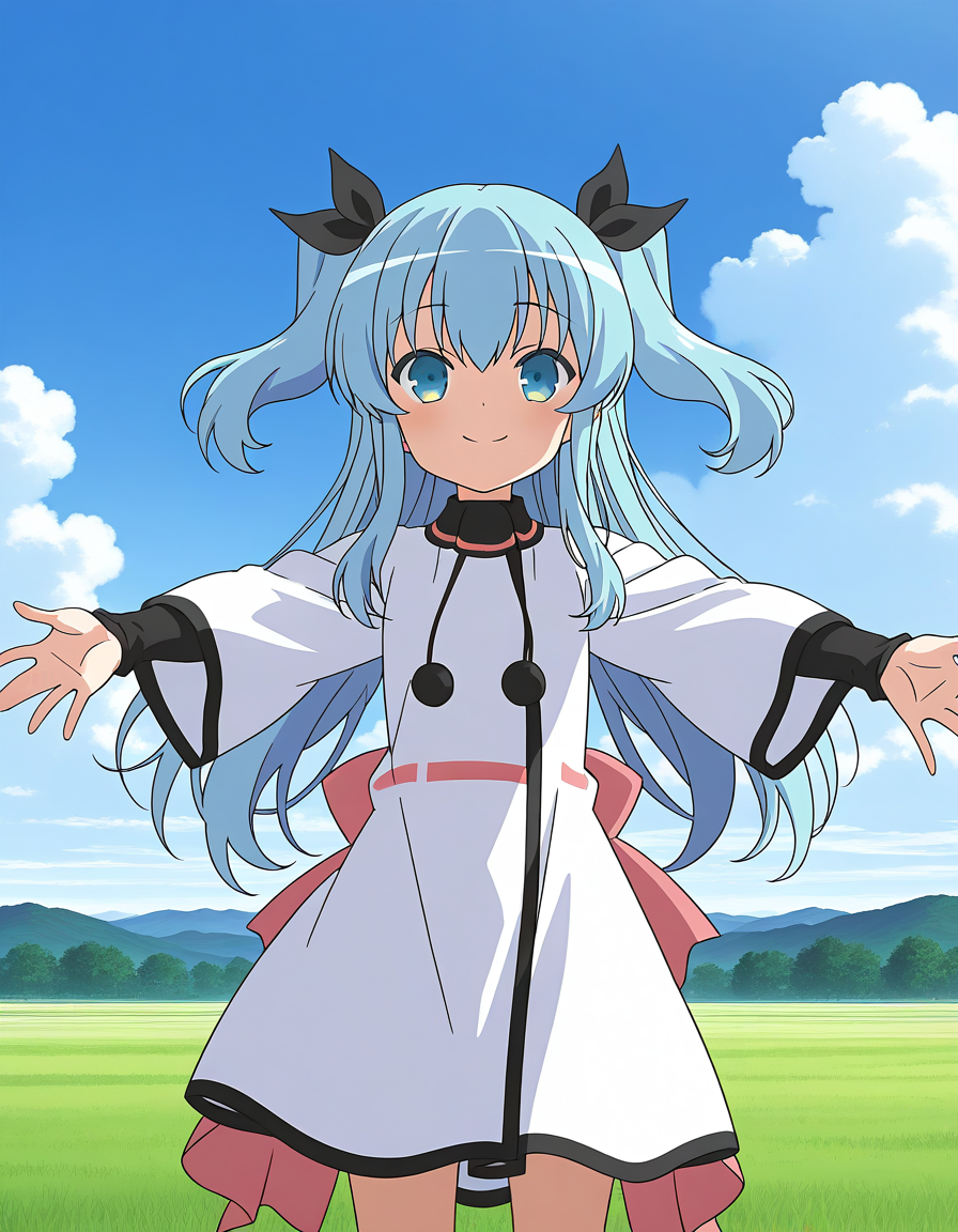general,highres, ultra-detailed,very aesthetic,best quality ,best hands,  BREAK,  <lora:Noel_IS:1>  Noel, 1girl,solo, long hair, blue hair, two side up, blue eyes, hair ribbon, black ribbon,bangs, 2020s (style), anime coloring,
outstretched arms,  spread arms, smile, dress, cloud, sky, white dress, day, long sleeves, bow, blue sky, pom pom (clothes), closed mouth, anime coloring, outdoors, parody,
sky, grass,