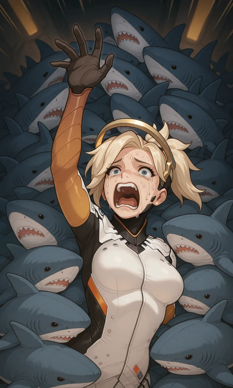 embedding:IllusP0s, scared, reaching, stuffed shark, mercy_\(overwatch\), screaming, crying, 1girl, solo, white bodysuit,<lora:blahaj swarm_Illustrious.safetensors:1:1>