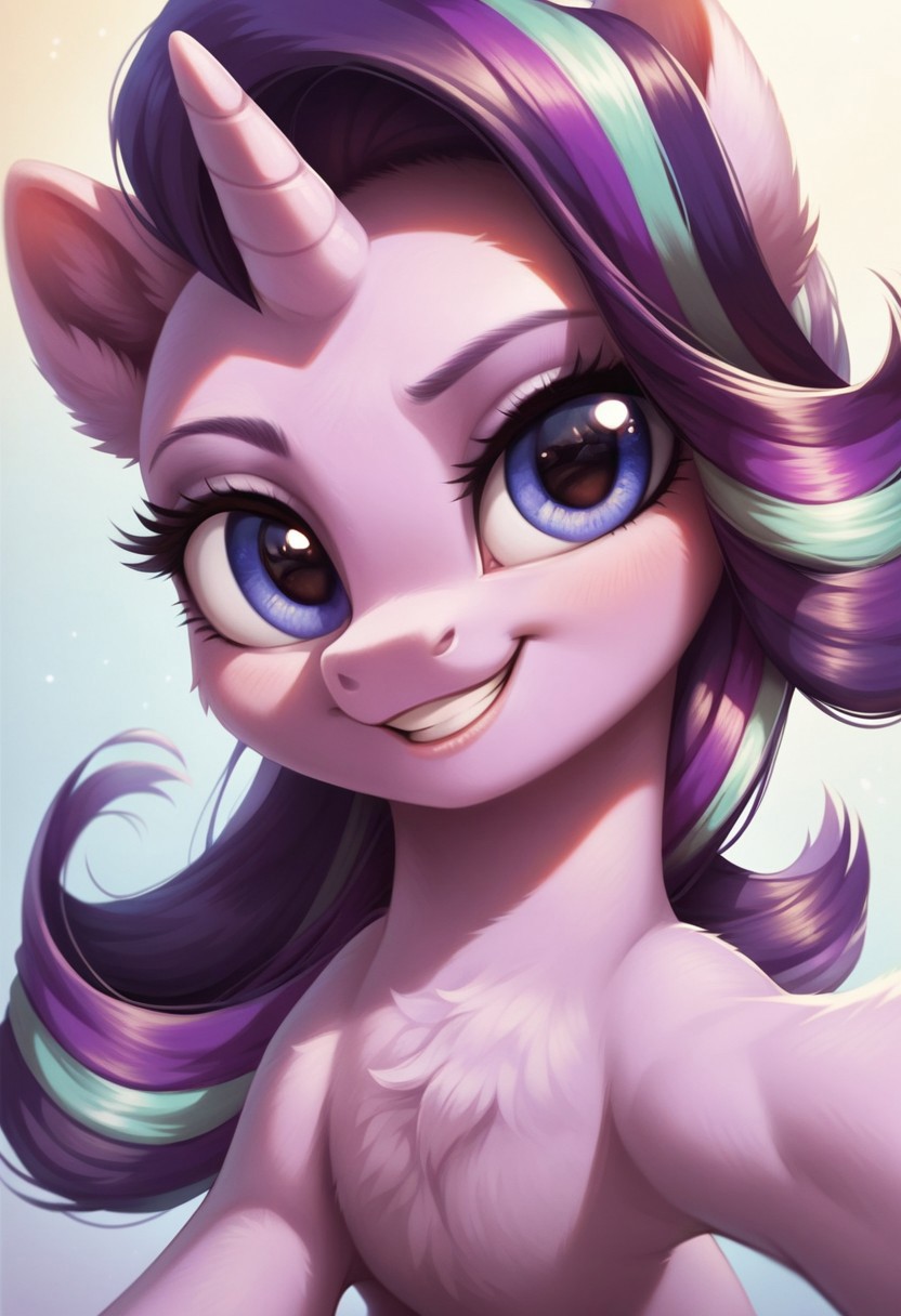 score_9, score_8_up, score_7_up, score_6_up, score_5_up, score_4_up, my little pony, ((feral pony)), Starlight Glimmer, 1girl, ((solo)), (sexy), beautiful, detailed, (detailed cute pony face), detailed eyes, detailed fur, detailed hooves, beautiful, vector, flat colors, (beautiful long eyelashes), (beautiful hooves), simple background, colorful background, (looking at you, looking at viewer:1.5), selfie, smiling, one eye closed, ((close-up)), high angle