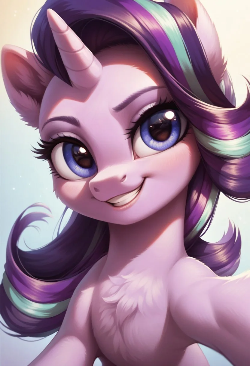 score_9, score_8_up, score_7_up, score_6_up, score_5_up, score_4_up, my little pony, ((feral pony)), Starlight Glimmer, 1girl, ((solo)), (sexy), beautiful, detailed, (detailed cute pony face), detailed eyes, detailed fur, detailed hooves, beautiful, vector, flat colors, (beautiful long eyelashes), (beautiful hooves), simple background, colorful background, (looking at you, looking at viewer:1.5), selfie, smiling, one eye closed, ((close-up)), high angle