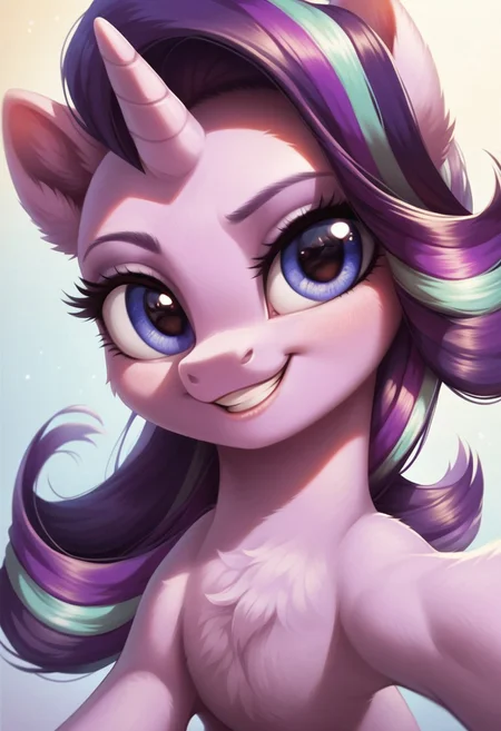 score_9, score_8_up, score_7_up, score_6_up, score_5_up, score_4_up, my little pony, ((feral pony)), Starlight Glimmer, 1girl, ((solo)), (sexy), beautiful, detailed, (detailed cute pony face), detailed eyes, detailed fur, detailed hooves, beautiful, vector, flat colors, (beautiful long eyelashes), (beautiful hooves), simple background, colorful background, (looking at you, looking at viewer:1.5), selfie, smiling, one eye closed, ((close-up)), high angle