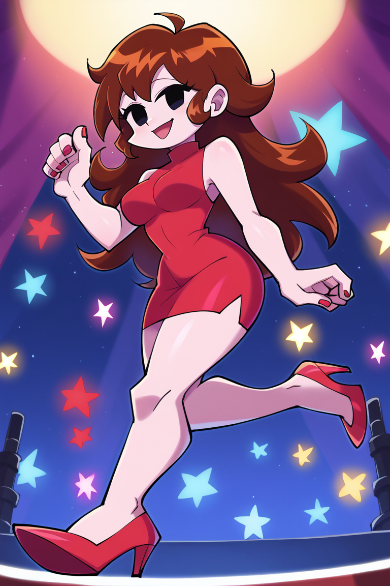 score_9, score_8_up, score_7_up, BREAK, <lora:sunafukitabito-guy-PONYv1:1>, 1girl, solo, breasts,  <lora:GirlfriendXLPDLoCon:0.9> girlfriend \(friday night funkin'\), red dress, sleeveless dress, short dress, bare shoulders, red footwear, high heels, black eyes, stage, stage lights,