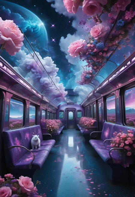 Hyperrealistic train detailed with blooming flowers, ethereal cloud animals with shimmering outlines, passengers gazing in awe, vast sky with swirling galaxies, cosmic colors (purples, blues, pinks), dramatic lighting, mystical atmosphere