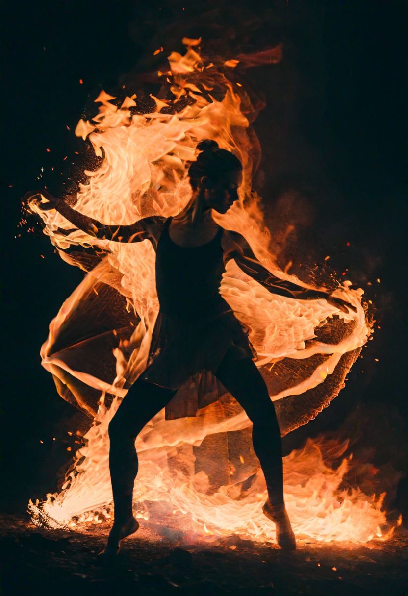 double exposure, dancer silhouette, flickering bonfire flames, translucent layers, dynamic pose, flowing motion, embers, heat, energy, contrast, monochrome, film grain