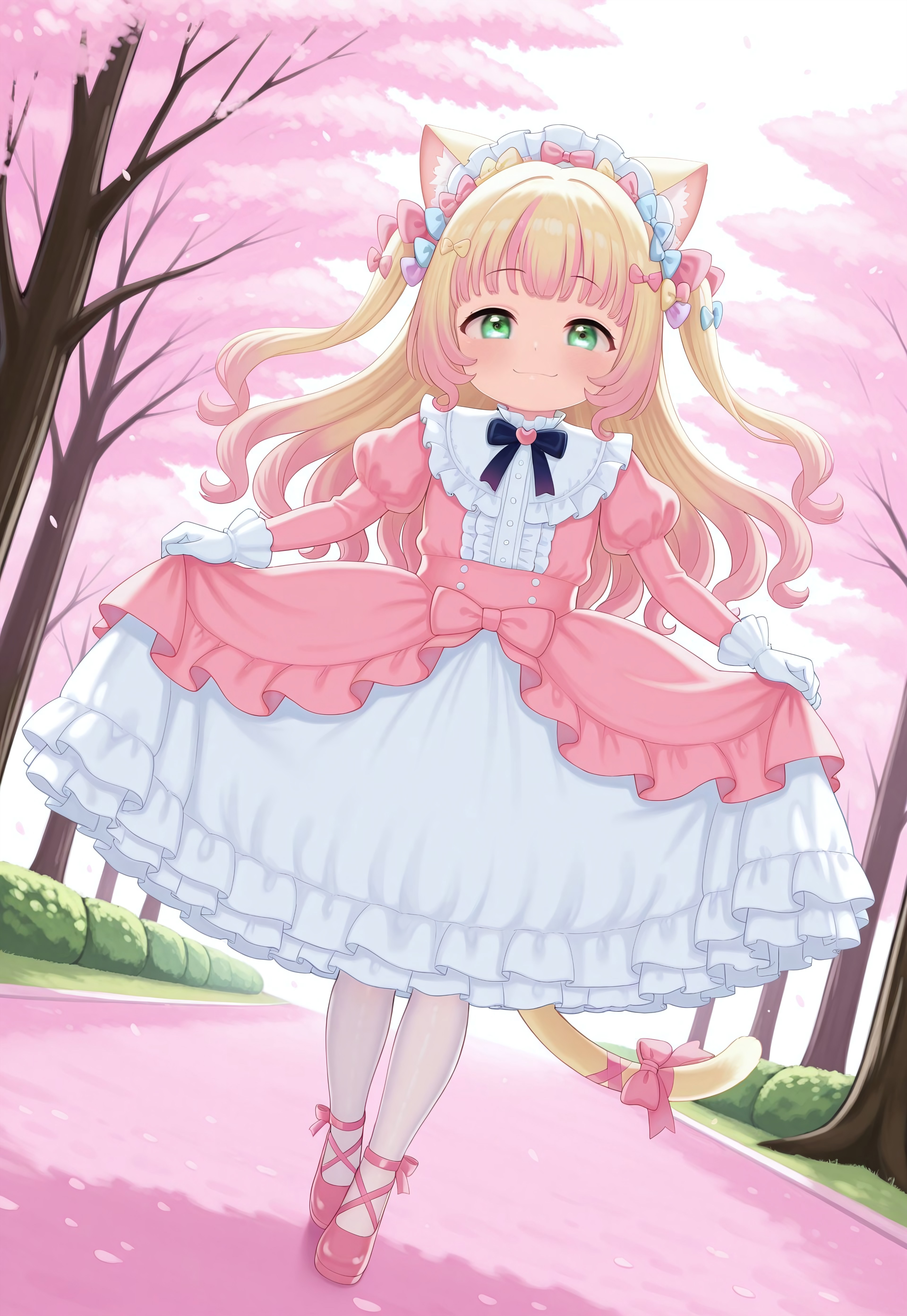 atg_(wttoo0202) , 1girl, catgirl, green eyes, blonde cat ears, blonde cat tail, blonde hair, two-tone hair, gradient hair, multicolored hair, pink tips, pink highlights, pink streaks, masterpiece, best quality, absurdres, 
(pastel theme, lolitafashion:1.2), pastel lolitafashion, sweet lolitadress, shiny lolitadress, victorian dress, kawaii, cute, moe, puffy padded dress, petticoat, puffy sleeves, pastel colors, pastel pink, pastel blue, frilled wide skirt, white pantyhose, pastel dress, puffy sleeves, gloves, pastel headdress, many bows, multiple bows, too many hair bows, ribbons, frills, frilled fabric, center frills, sparkles, glitter, cute lolitashoes, leg ribbon, tail ornament, tail ribbon, tail bow,
outdoors, nature, park, cherry blossom trees,
(solo:1.2), full body, dynamic pose, dutch angle, looking at viewer, happy smile, curtsey, skirt hold, watson cross, bowing
intricate, highly detailed, majestic, shallow depth of field, movie still, circular polarizer