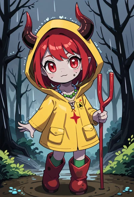 score_9, score_8_up, score_7_up, BREAK
highres, highly detailed, high resolution, high quality,
source_anime, anime screencap, saturation, vivid colors,
1girl, solo, luce, full body, standing, demon girl,
(dark red hair:1.2), (big dark red eyes:1.1), medium hair, cute, (grey skin:1.1), (horns:1.2),
(long black raincoat:1.1), dirty black rubber boots,
pentagram necklace, holding red trident,
forest background, path, rain,
hds style, cel shading, linear hatching