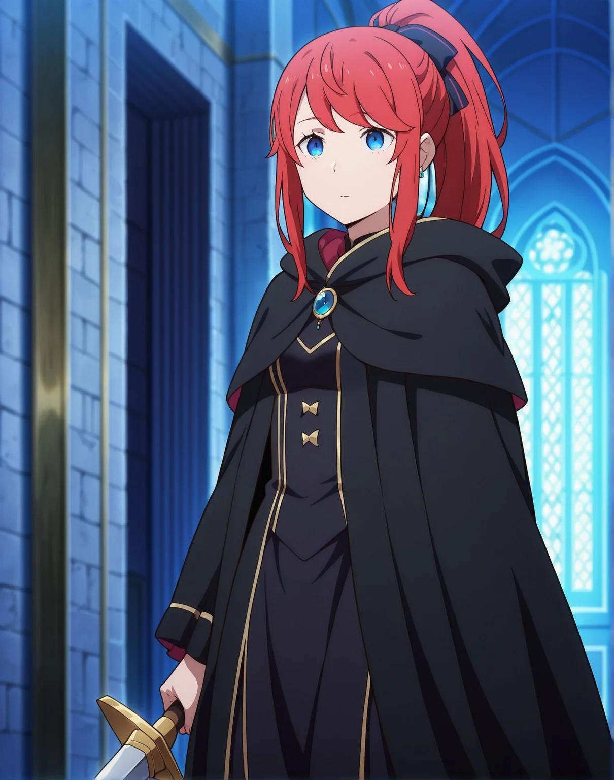 masterpiece, best quality, newest, absurdres, highres, detailed eyes, beautiful, detailed background, perfect eyes, anime coloring, anime screencap,
<lora:Theresia_van_Astrea_r1:1>Theresia_van_Astrea,
1girl,solo,blue eyes,ponytail,red hair,cowboy shot,
cloak,parody,jewelry,bangs, black dress,
t_theresia,expressionless, holding weapon,