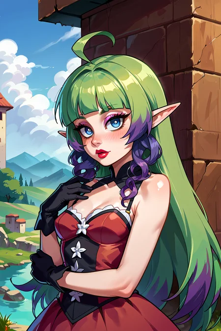 score_9, score_8_up, score_7_up, source anime, uncensored,
1girl, solo, blush, outdoors, ahoge, upper body, closed up, eyeshadow, lipstick,
<lora:PerfectEyesXL:0.8> green eyes, blue eyes, brown eyes, perfecteyes, <lora:Eye size Slider - PNY_alpha1.0_rank4_noxattn_last:1>,
<lora:yutam2:0.8> masterpiece, score_9, score_8_up, score_7_up, best quality, purple hair, Gradient Hair, blue eyes, ameth, Green hair, Ameth, Pointy ears, Red skirt, Black stockings, Gloves, Spiral strands, Small breasts