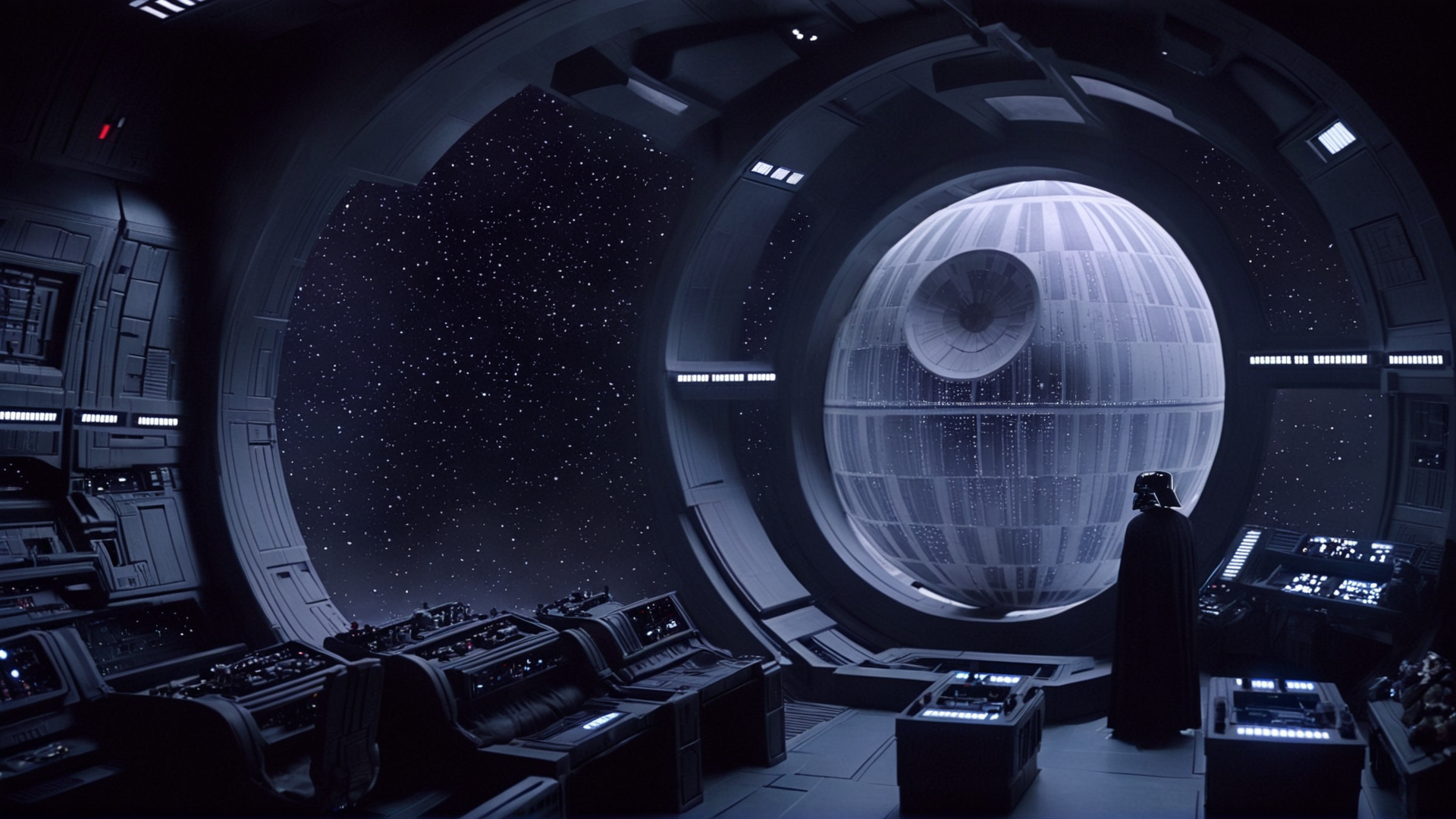 cinematic film still of  <lora:star wars style:0.2>
<lora:detailed:0.4> detailed
<lora:perfection style:0.4> perfect
<lora:PerfectEyesXL:0.5>
 <lora:Chiaroscuro Lighting Style:0.3>
 <lora:Death Star II:0.9>
Death Star II a futuristic sci - fi room with a lot of lights,in star wars style,no humans,window,scenery,light, shallow depth of field, vignette, highly detailed, high budget, bokeh, cinemascope, moody, epic, gorgeous, film grain, grainy