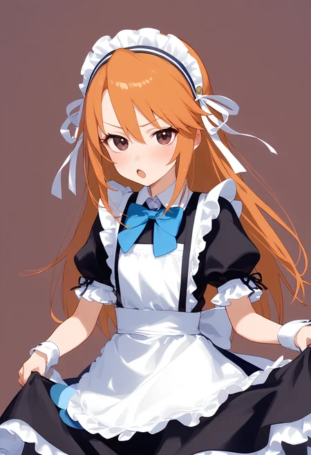 1girl,
yuuki haru,
frilled sleeves, tomboy, skirt hold, looking at viewer, bowtie, blush, blue background, v-shaped eyebrows, alternate costume, brown eyes, dress, orange hair, puffy sleeves, cowboy shot, :o, enmaided, maid headdress, collared dress, long hair, ribbon, standing, bow, short sleeves, maid, puffy short sleeves, blue bowtie, blue bow, frilled dress, simple background, frills, solo, open mouth, hair ribbon, white ribbon,
sfw
<lora:a31_char_new_yuuki_haru-000014:1> <lora:a31_style_koni-000010:0.8>