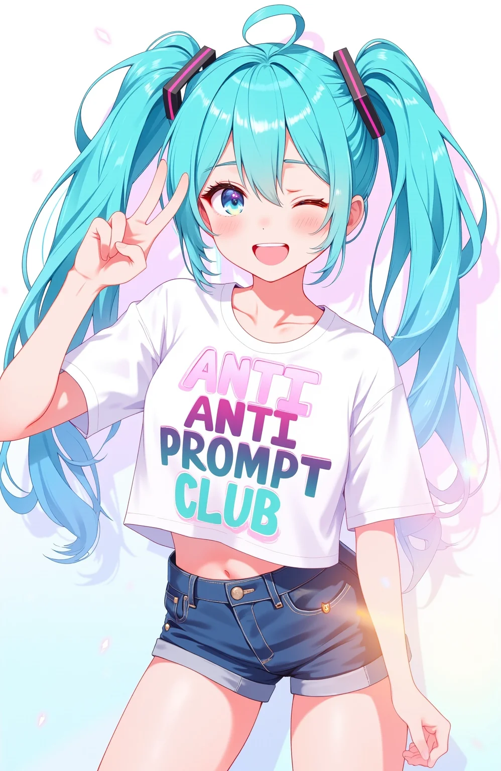 lazympos, 1girl, one eye closed, solo, shorts, long hair, twintails, smile, shirt, navel, v, ahoge, denim, denim shorts, open mouth, white shirt, looking at viewer, clothes writing, collarbone, cowboy shot, short shorts, ;d, blush, short sleeves, aqua hair, midriff, hair between eyes, hand up, blue shorts, aqua eyes, teeth, very long hair, blue hair, white background, english text, upper teeth only, t-shirt, thighs, hair ornament, contrapposto, standing