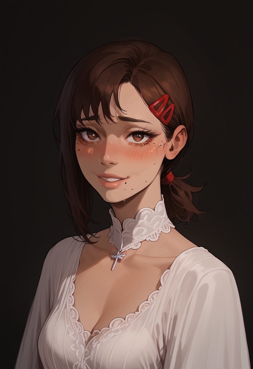 score_9, score_8_up, score_8. score_9, score_8_up, score_7_up, score_6_up, masterpiece, 4k, high quality, (best quality:1.1), ExpressiveH
1girl, solo, kobenidef, mole under eye, mole under mouth, single sidelock, short ponytail, hairclip, brown hair, brown eyes, medium breasts, blushing, looking at viewer, smiling, g0dd3ss, white dress
green background