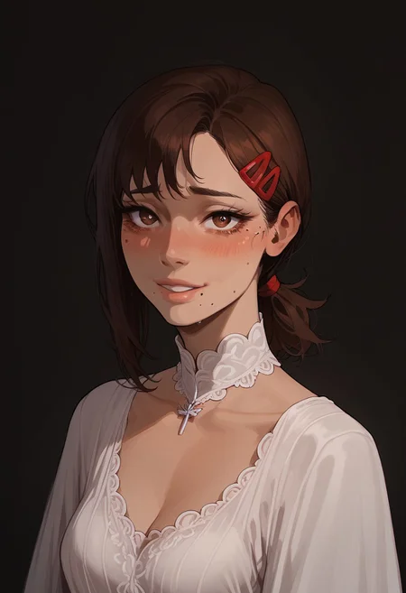 score_9, score_8_up, score_8. score_9, score_8_up, score_7_up, score_6_up, masterpiece, 4k, high quality, (best quality:1.1), ExpressiveH
1girl, solo, kobenidef, mole under eye, mole under mouth, single sidelock, short ponytail, hairclip, brown hair, brown eyes, medium breasts, blushing, looking at viewer, smiling, g0dd3ss, white dress
green background