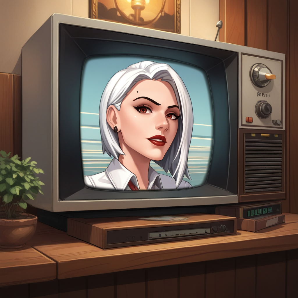 score_9, score_8_up, score_7_up, score_6_up, score_5_up, score_4_up, zPDXL2,source_anime,rating_questionable,  <lora:CRT:0.8> crt3v3,CRT television, lounge, indoors, 1girl, solo, looking at viewer, Ashe \(Overwatch\)