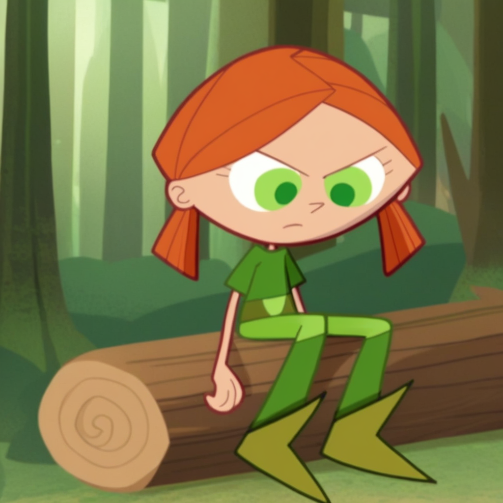 score_9, solo, elspeth, green eyes, orange hair, twintails, shirt, pants, sitting, log, outdoors, natural lighting