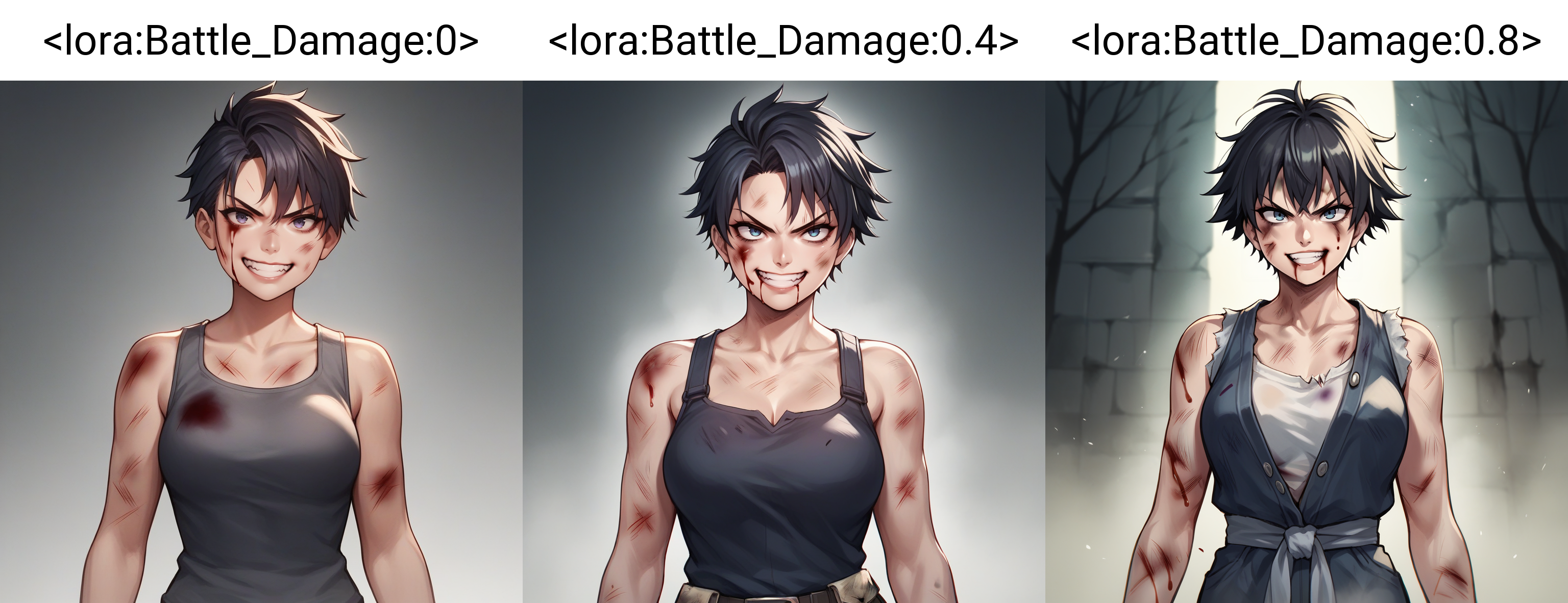 score_9,score_8_up,score_7_up,score_6_up,source_anime,rating_safe,1girl, angry, smile, <lora:Battle_Damage:0> battledamage, solo, blood, injury, bruises, zPDXL2,