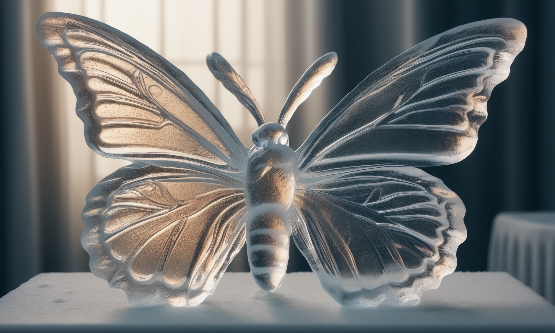 <lora:icecarvingcd_xl-000013:0.8>,close-up,a butterfly sculpture made of (icecarvingcd_xl,transparent:1.2,see-through:1.2,air bubble,cracked:1.3,broken:1.3,melting ice:1.3) on table,chilled,indoors,living room,simple background,no humans,fine art,detailed,hi-res photo, emotional,harmonious,high budget,moody,epic,gorgeous,perfect lighting,realistic,photorealistic,photographic,photo (medium),real,moody lighting,volumetric lighting,reality ray tracing,8K,HDR,UHD,masterpiece,best quality,highly detailed,high resolution,finely detail,extremely detailed,ultra detailed,wallpaper