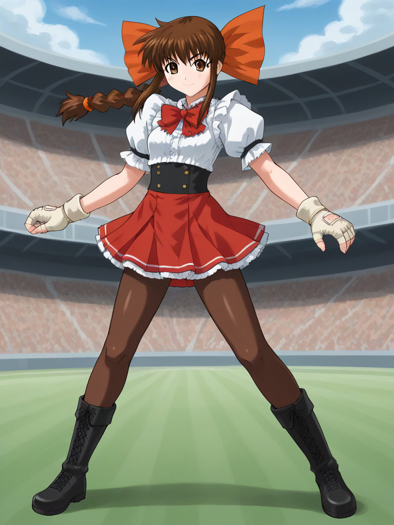 1girl, solo, tamaovgrebirth, tamaoog, brown hair, braided ponytail, orange bow, hair bow, brown eyes, waitress, red bowtie, puffy short sleeve, frills, fingerless gloves, red skirt, brown pantyhose, black boots, outdoors, arena, stadium, serious, dynamic pose, smile, standing, full body