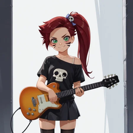 score_9, score_8, score_7, break, solo, female child, cute, auriana_lr, red hair, black hair, long hair, side ponytail, green eyes, face paint, black skirt, black shirt, skull shirt, thigh highs, off shoulder, smirk, guitar, streaked hair,