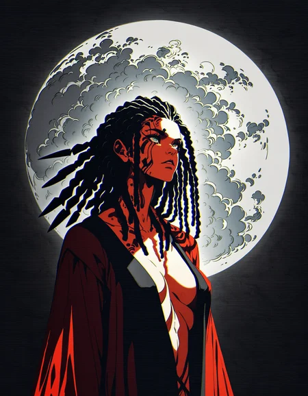 concept art score_9, score_8_up, score_7_up, 1girl, futuristic shaman, looking up, ritual robe, cleavage, dreadlocks and feathers, fullmoon in background <lora:Xenotrip_v.2:1> xenotr1p, colored, <lora:43stl1ght1ngXLP2:0.5> 43stl1ght1ng, low light, dramatic lighting, darkness, spotlight, chromatic aberration, grain, film grain, volumetric fog, light rays, godrays . digital artwork, illustrative, painterly, matte painting, highly detailed