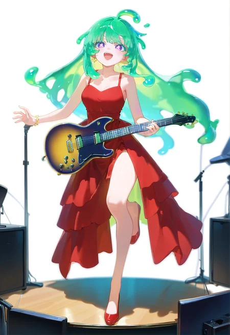 score_9_up, masterpiece, best quality, amazing quality, very aesthetic, absurdres 1girl, solo girl, white background, on stage, elegant red dress, playing guitar, singing, dynamic pose, full body shot, wide shot, guitar, music notes float in the air,
<lora:Neneya_Green_Pony_V2.0:1> Neneya Green, green hair, purple eyes, x-shaped pupils, looking at viewer, (((adult))) medium breast, singing