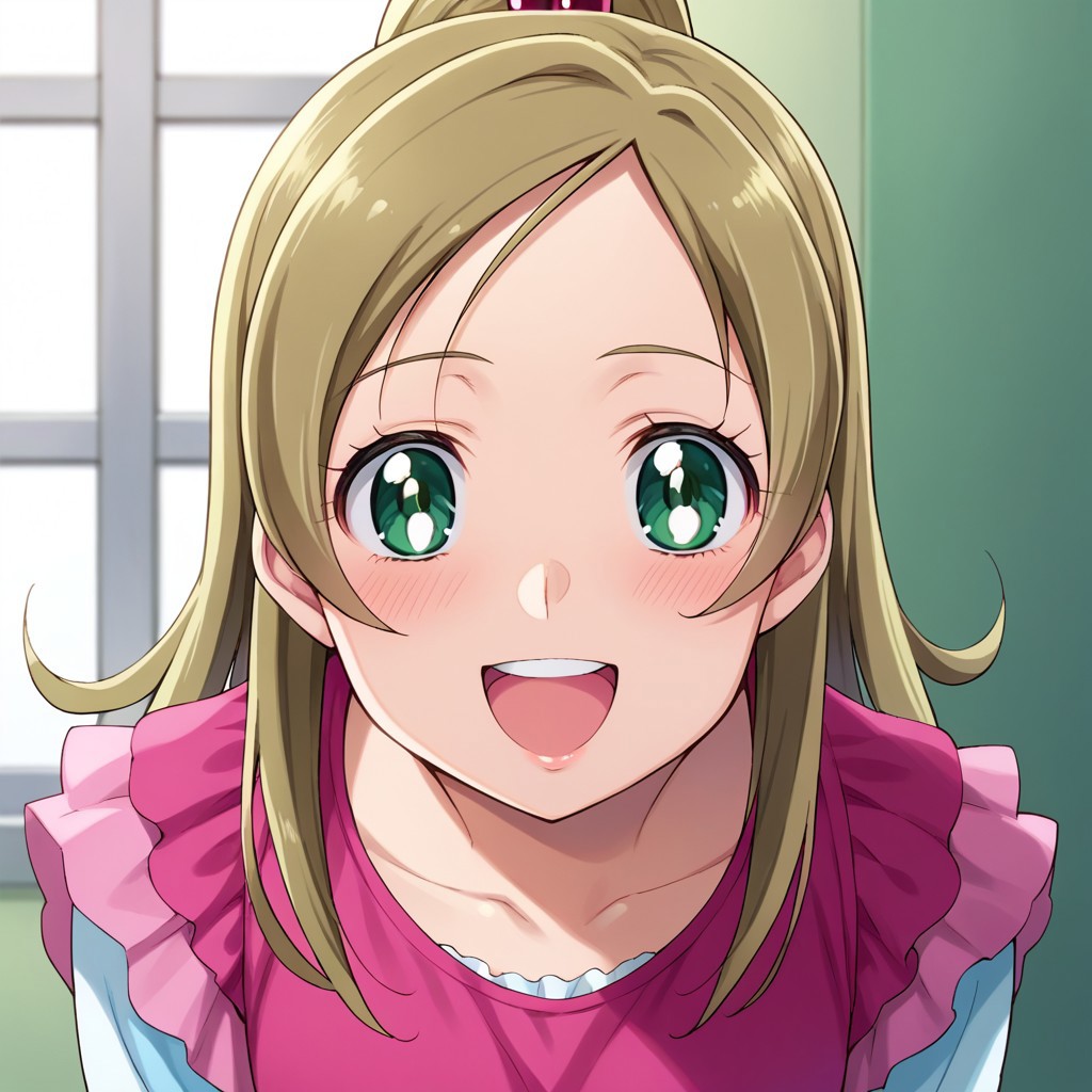 score_9, score_8, score_7, source_anime, minamino kanade, hair bobbles, POV, looking at viewer, blush, smile, open mouth, upper teeth only