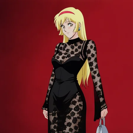 <lora:CutieHoney_pony_v1:.8> Honey, 1girl, blonde hair, retro artstyle, long hair, hairband, jewelry,  1980s (style), 1990s (style), cowboy shot,  <lora:1013 Home wear 30_v1_pony:1> ruanyi1013,black dress,floral print,long dress,long sleeves,see-through dress,skin tight,lace