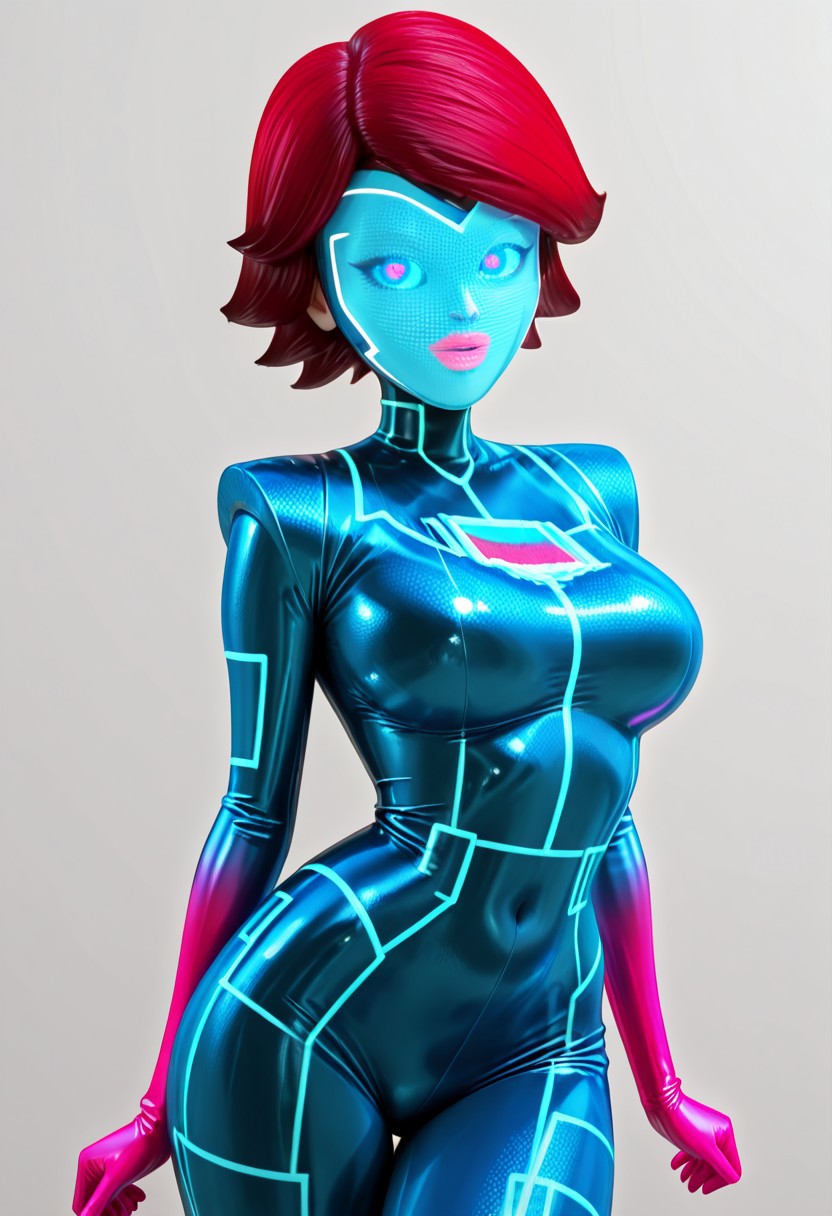 masterpiece, high quality, best quality, vivid colors, vibrant colors, BREAK, Prime Queen, purplish-red hair,  stiff hair, shiny hair, wild hair,  colored sclera, blue sclera, glowing pink pupils, glowing pink lips, pixel-textured helmet, glass mask, light blue visor, monitor mask, pixel-textured shoulder pad jumpsuit, dark-blue jumpsuit, vivid-cerise lower arms, vivid-cerise lower legs, glowing lines, light-blue lines, pattern lines, sexy, erotic, skin tight, slim waist, wide hips, large breasts, dynamic pose, BREAK, simple background