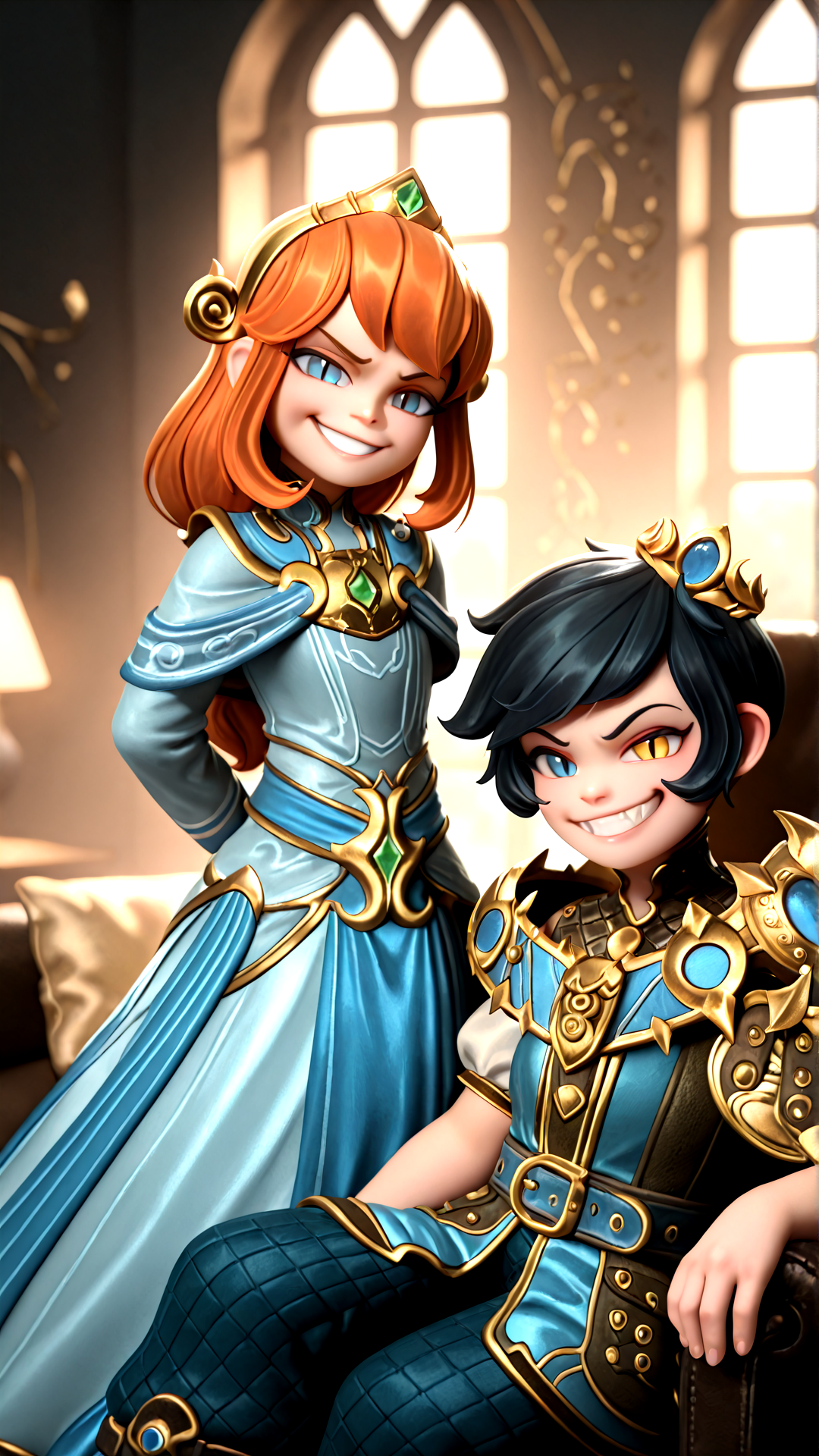 best quality, amazing quality, absurd res, best resolution, very aesthetic, 4k, latest, (Detailed face: 1.8), (detailed background:1.1) ,
 <lora:Scylla_Charybdis_Smite_for_Illustrious:1> 2girls, scylla, blue eyes, scylla_headwear, scylla_dress, orange hair, long hair, charybdis, charybdis_outfit, black hair, short hair, heterochromia, charybdis_tiara, charybdis_armor, 
sitting in chair, 2 dog-dragons, looking at viewer, smirk, smug, grin, slit pupils, 
sittin on couch, duo, living room, window,