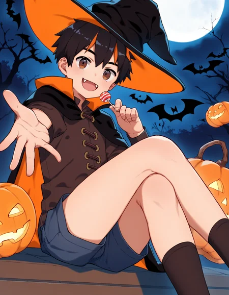 score_9, score_8_up, score_7_up, score_6_up, source_anime, Halloween, night, jack-o-lantern, full moon, foreshortening, dutch angle, 1boy, solo, young, black hair, orange hair, multicolored hair, brown eyes, bangs, witch hat, cape, jacket, shorts, holding lollipop, smile, fangs, reaching toward viewer <lora:modokie-amxl-v1-ShoAI:1>