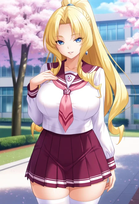 masterpiece, best quality, amazing quality,saeka arisugawa, blue eyes, blonde hair, long hair, ponytail, hair intakes, mature female, 1girl, solo,white thighhighs, breasts,white serafuku,large breasts, pleated skirt,pink neckerchief, maroon skirt,parted lips, light smile, standing, looking at viewer, cowboy shot, blurry background, outdoors, school, cherry blossoms<lora:saeka arisugawaV1:0.9>