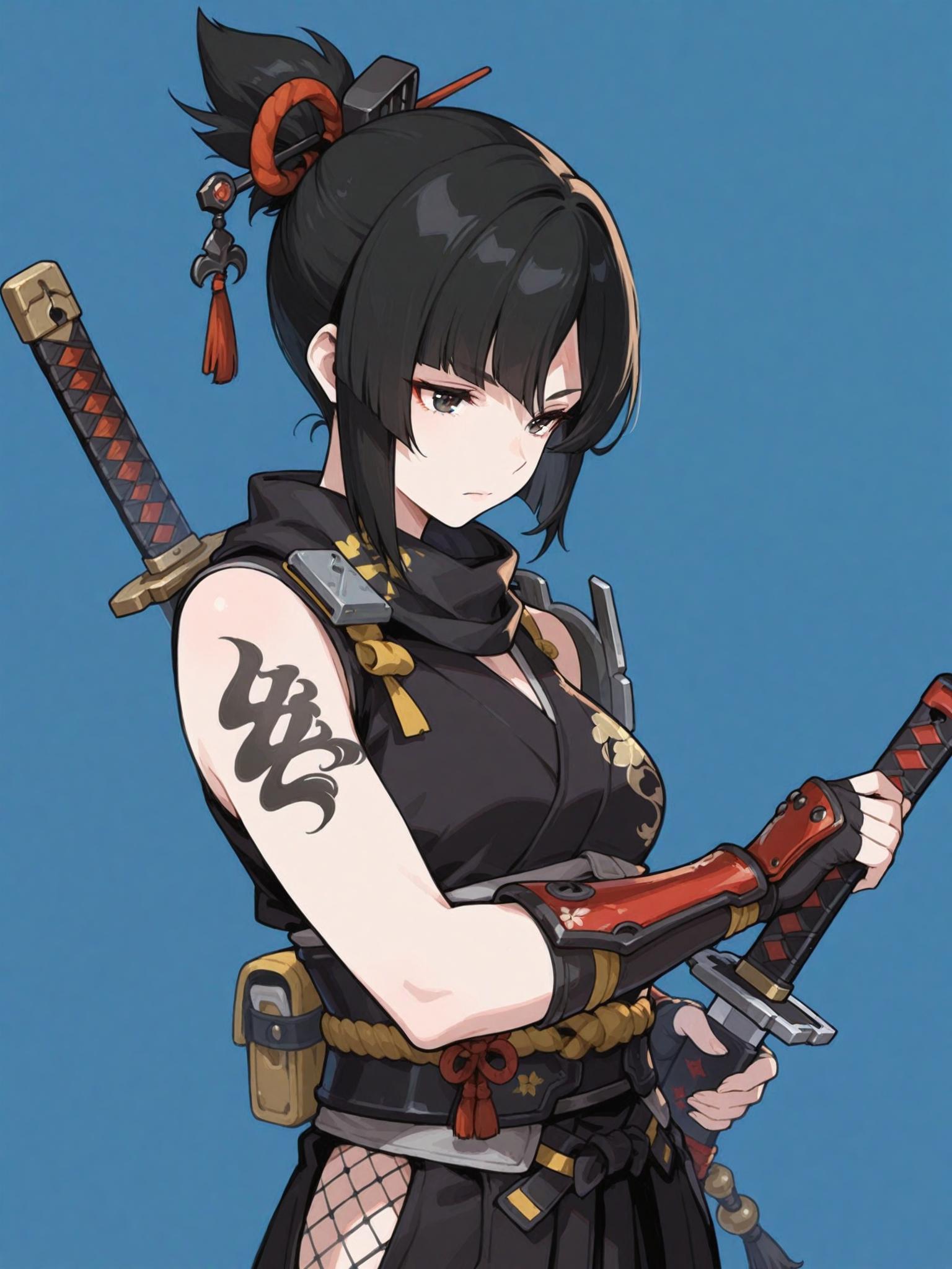ZZZ, 1girl, weapon, solo, sword, tattoo, japanese clothes, hair ornament, black hair, ninja, sheath, katana, sheathed, simple background, sleeveless, hair stick, weapon on back, short hair, holding, holding weapon, gauntlets, black kimono, gloves, arm tattoo, holding sword, armor, digital art, artwork, game character, half body,simple background, holding sword,