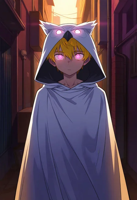 masterpiece, best quality, amazing quality, Bokun art style, male focus, solo,
1boy, twink, pink eyes, glowing eyes, yellow hair, white owl hat, white hooded cape, torso covered by cape, head tilit,
outside, alley,