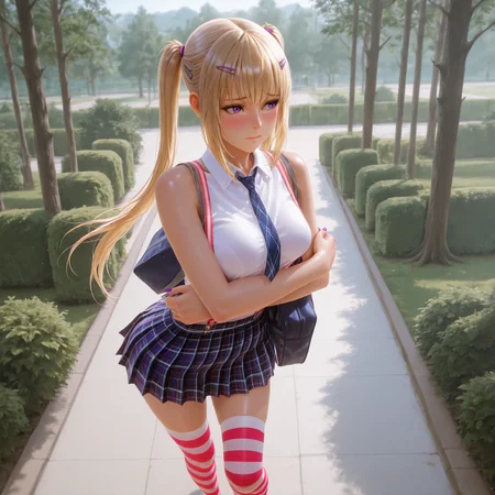 (masterpiece, best quality,solo,from behind:1.4),highres,illustration,8k,Ultra_realistic,(foreshortening, collarbone),(shiny eyes,shy,blush,hug:1.2),
Asuka Anders,striped clothes,thighhighs,twintails,purple eyes,blonde hair,striped thighhighs,suspenders,necktie,skirt,sleeveless,plaid skirt,marie rose,feet,hair ornament,hairclip,school uniform,plaid,upskirt,long hair,long hair,pleated skirt,purple nail polish,collared shirt,sleeveless shirt,bag,zettai ryouiki,
medium breasts,bouncing breasts,outdoors,school,tree,bush,<lora:aidmaImageUpgrader-v0.3-IL:0.6>,<lora:Asuka_Anders(IL):0.85>,