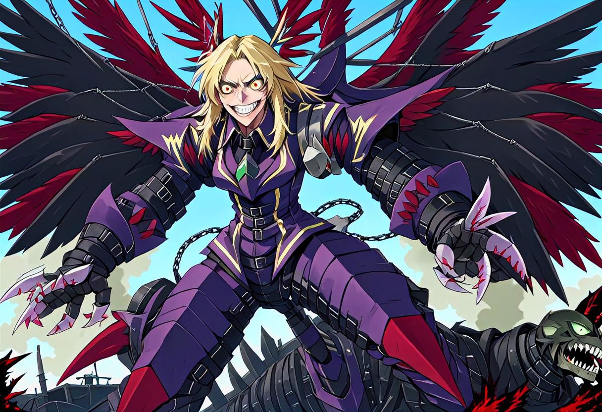 a giant dexdoru tanya degurchaff looms over a gulag,wings,military uniform,evil grin,crazy eyes,wings,epic,apocalyptic,sense of dread,anime style,scene from youjo senki,scene from hellsing,