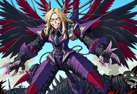 a giant dexdoru tanya degurchaff looms over a gulag,wings,military uniform,evil grin,crazy eyes,wings,epic,apocalyptic,sense of dread,anime style,scene from youjo senki,scene from hellsing,
