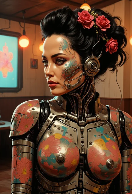 herbst photo of a full body geisha cyborg woman cc_cyborg with a detailed spin and cybernetic limbs. The image features a tattooed geisha android fflix-geisha seated and facing left. The android’s skin is adorned with intricate floral tattoos in vibrant reds, blues, and oranges, covering the shoulders, back, and arms. The android has an elaborate updo hairstyle decorated with red flowers, complementing the tattoo colors. The background is warmly lit with vintage-style lanterns, creating a cozy ambiance. (Fujicolor Superia X-TRA 400), (Light tracing), and (Dramatic lighting). Light and shadow by reij-snrs. Masterpiece, is pretty, best quality, high-res, extremely clear 8k wallpaper. HDR lighting, dramatic cinematic composition, UHD resolution, realistic texturing, advanced rendering techniques, and meticulous post-processing. In the eldoria style, no humans, tbh183