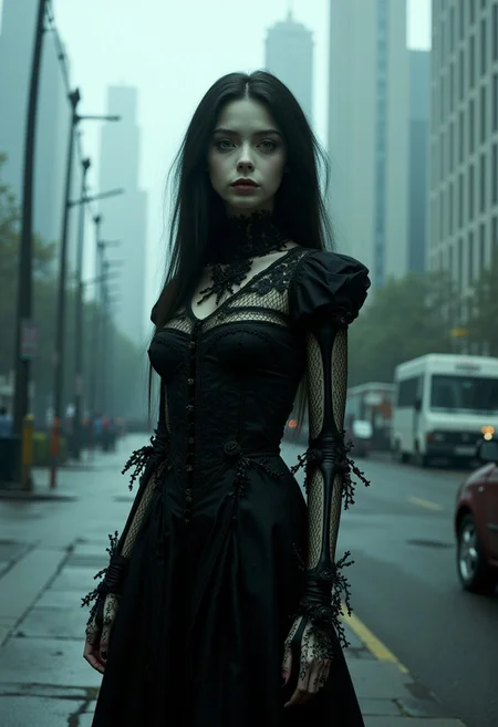 long haired, A female character with a delicate doll-like face and luminous green eyes, wearing a gothic Victorian dress entwined with roses and vines. She stands in a dimly lit city park, her mechanical skeletal features exposed and intricately detailed with floral patterns. The scene is set against a foggy backdrop of a modern cityscape with towering skyscrapers, cracked pavement, and abandoned vehicles, all captured in extreme realism with a 35mm camera filter.