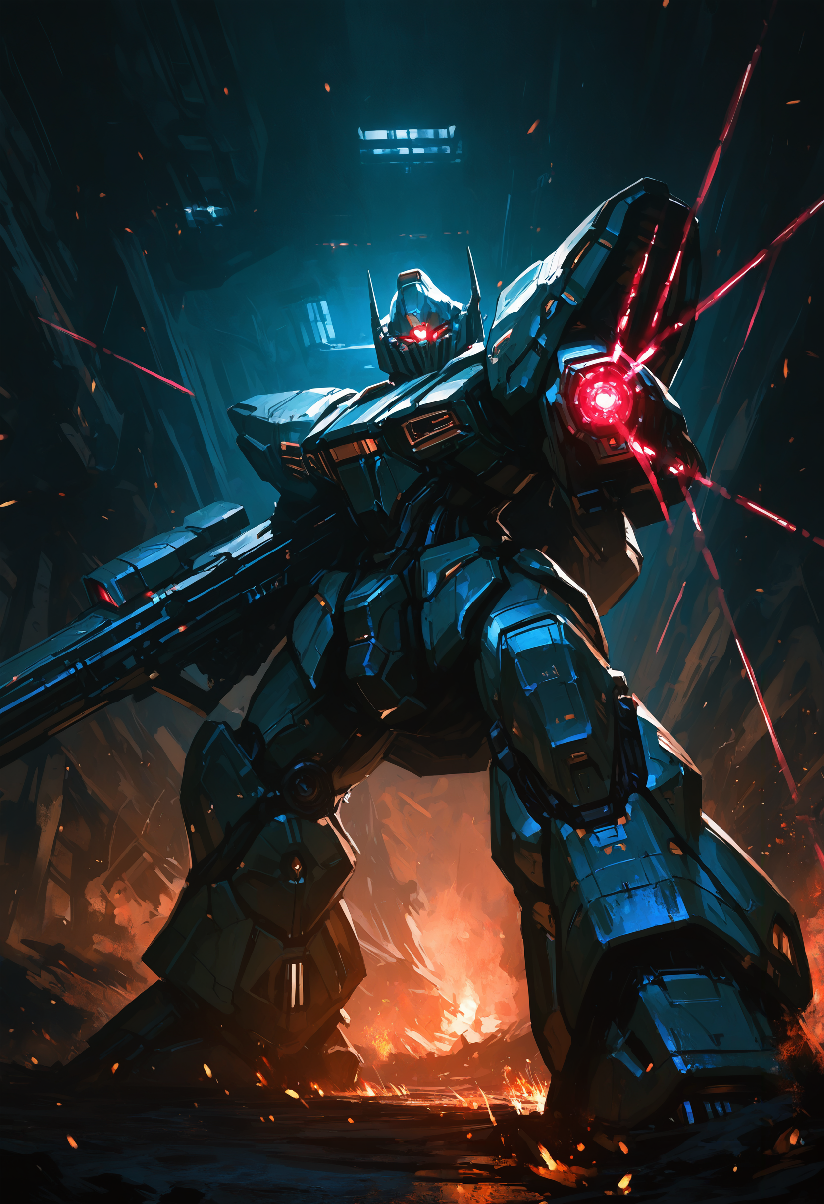 masterpiece, best quality, good quality, very aesthetic, absurdres, newest, Sci-Fi, laser cannons, aiming, aiming at viewer, holding a laser cannon, machinery, mecha, mecha focus, mobile suit, no humans, glowing eyes, redesign, robot, science fiction, solo,
Glowing laser muzzle, embers,battlefield,Fighting Stance,
Spacecraft wreckage,
Low Angle, From Side, Vanishing Point, Perspective, (flaming eye:0.8),Cinematic Lighting,looking_at_viewer, <lora:spo_sdxl_10ep_4k-data_lora_webui:0.6> <lora:ponyv4_noob1_2_adamW-000017:0.7> <lora:USNR_STYLE_XL_lokr:0.45> <lora:748cmSDXL:0.4>