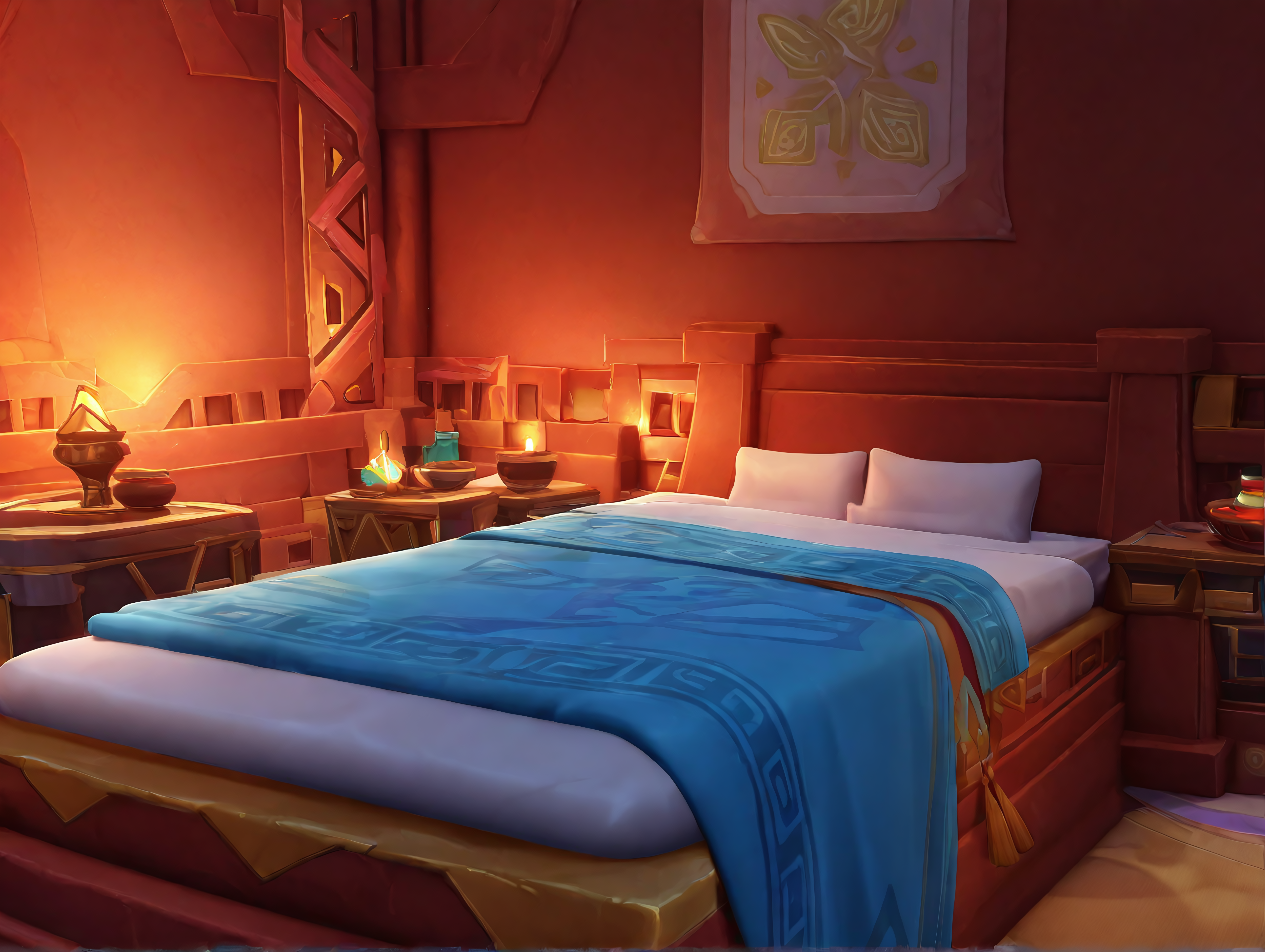 no humans, genshin impact, General, ririko \(fhnngririko\), dynamic angle, natlan, hotel, fantasy, bed, scenery, lamp, indoors, pillow, candle, bowl, blanket, masterpiece, best quality, absurdres, highres