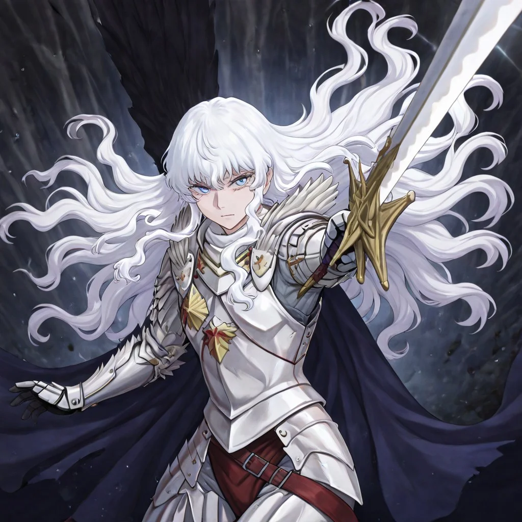 masterpiece, best quality, newest, absurdres, highres,
INCSV1.0, incoming attack, holding sword, sword, holding weapon, holding, weapon,
1boy, griffith_(berserk), white hair, blue eyes, wavy hair, armor,