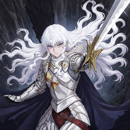 masterpiece, best quality, newest, absurdres, highres,
INCSV1.0, incoming attack, holding sword, sword, holding weapon, holding, weapon,
1boy, griffith_(berserk), white hair, blue eyes, wavy hair, armor,