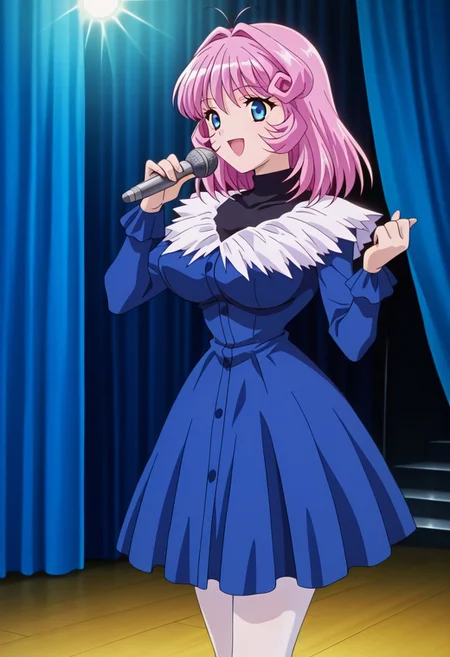 <lora:anime_screencap-IL v-pred:1>, anime screencap, anime coloring, amazing quality, very aesthetic, absurd resolution, masterpiece, 4k resolution, perfect anatomy, perfect eyes, (hand with four fingers and one thumb), BREAK 1girl, 3/4 body shot, <lora:CD11_rina_ill-05:1>, Rina_CD11, pink hair, medium hair, blue eyes, slim waist, wide hips, large breasts, perky breasts, singing, open mouth, looking at viewer, happy smile, joy, (<lora:blue_concert_ill-04:1>, (blue shirtdress, v-neck, white feather neckline, blue buttons, long sleeves, blue sleeves, knee-length dress, white feather hemline,), (black turtleneck, sleeveless, under dress,), white pantyhose, ), breast focus, BREAK (stage, stage lights, floor lights, blue curtains, stage curtains, pale lilac stage, short staircase, idol, no men, 1girl, solo,),