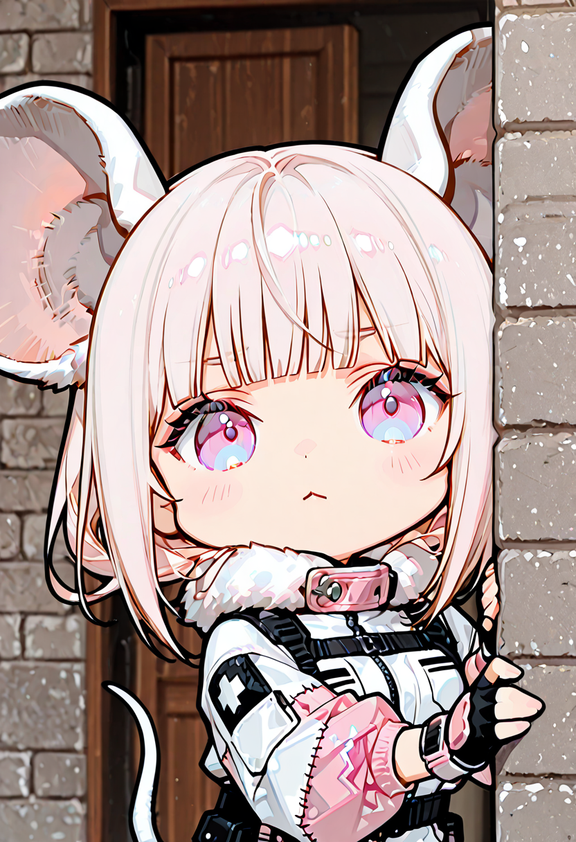 masterpiece, ultra-HD, very aesthetic, 8K, high detail, depth of field, score_9, score_8_up, high detail, 
BREAK 
BREAK
1girl, solo, light black hair, medium-length hair, blunt bangs, flowing hair, Light pink flared sleeves, light pink cropped flight jacket, white base with black pattern tight combat suit, white fur collar, zippered opening, unzipped, patchwork style, high collar, fingerless gloves, wrist guards, functional belt, hip accessory, safety harness buckle, oversized rat ears, chibi, 
BREAK
 brick wall, peeking out, hiding, 
BREAK
kilroy was here, meme, 
BREAK
<lora:Rat_Chibi:1>, <lora:IL_kilroy_was_here:1>,