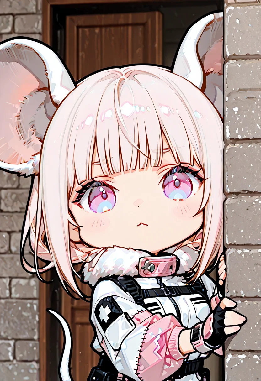 masterpiece, ultra-HD, very aesthetic, 8K, high detail, depth of field, score_9, score_8_up, high detail,
BREAK
BREAK
1girl, solo, light black hair, medium-length hair, blunt bangs, flowing hair, Light pink flared sleeves, light pink cropped flight jacket, white base with black pattern tight combat suit, white fur collar, zippered opening, unzipped, patchwork style, high collar, fingerless gloves, wrist guards, functional belt, hip accessory, safety harness buckle, oversized rat ears, chibi,
BREAK
brick wall, peeking out, hiding,
BREAK
kilroy was here, meme,
BREAK
<lora:Rat_Chibi:1>, <lora:IL_kilroy_was_here:1>,