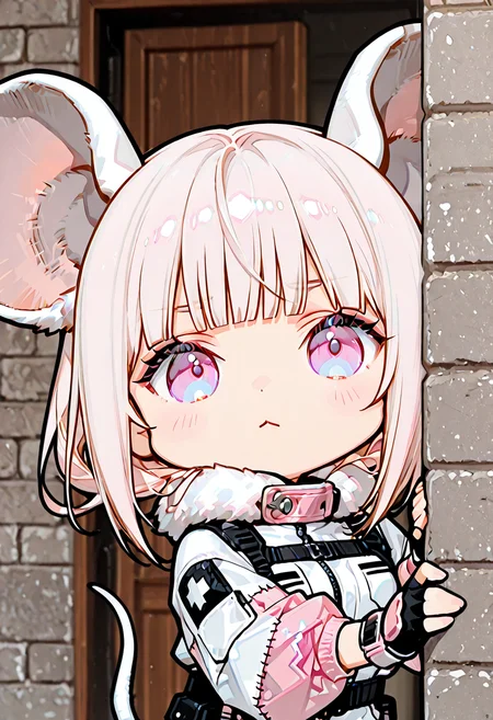 masterpiece, ultra-HD, very aesthetic, 8K, high detail, depth of field, score_9, score_8_up, high detail,
BREAK
BREAK
1girl, solo, light black hair, medium-length hair, blunt bangs, flowing hair, Light pink flared sleeves, light pink cropped flight jacket, white base with black pattern tight combat suit, white fur collar, zippered opening, unzipped, patchwork style, high collar, fingerless gloves, wrist guards, functional belt, hip accessory, safety harness buckle, oversized rat ears, chibi,
BREAK
brick wall, peeking out, hiding,
BREAK
kilroy was here, meme,
BREAK
<lora:Rat_Chibi:1>, <lora:IL_kilroy_was_here:1>,